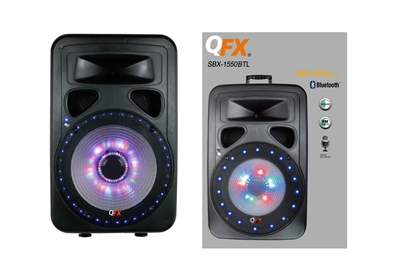 QFX SBX-1550BTL 15" PA Speaker w/Built-In Amp/FM/Bluetooth/Lights/USB/SD Player