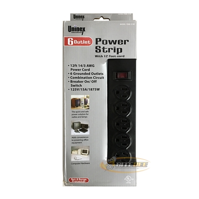 Uninex PS08-12BK 6 Outlet Power Strip with 14 Gauge 12-Ft. Cord - BLACK