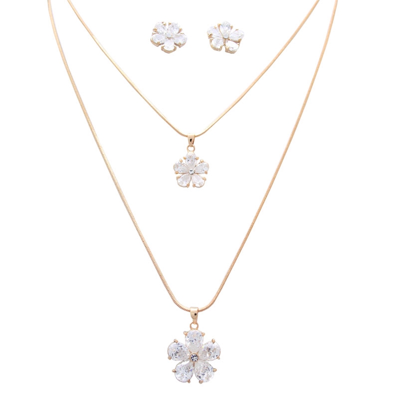 Gold Designer Double Floral Swarovski Crystals Necklace + Earring set