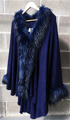 Luxury Pashmina Faux Fur Long Cape Navy