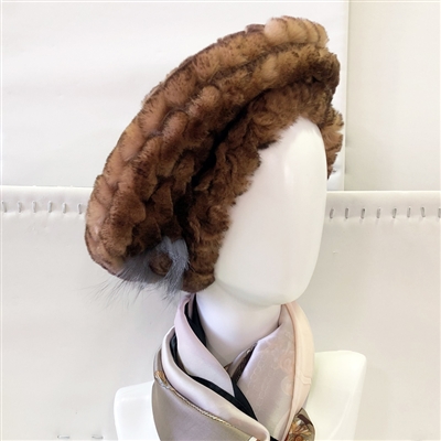 Luxury Hand Knitted Rex Rabbit Fur Beret - Blush Amber