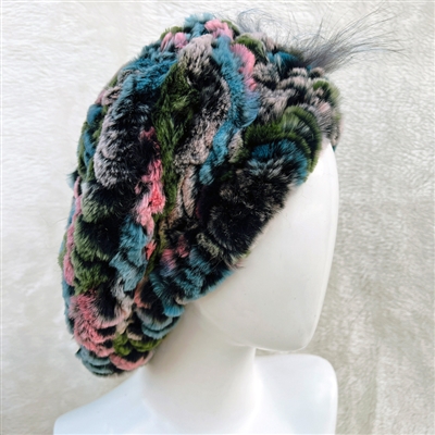 Luxury Hand Knitted Rex Rabbit Fur Beret - Multicolor