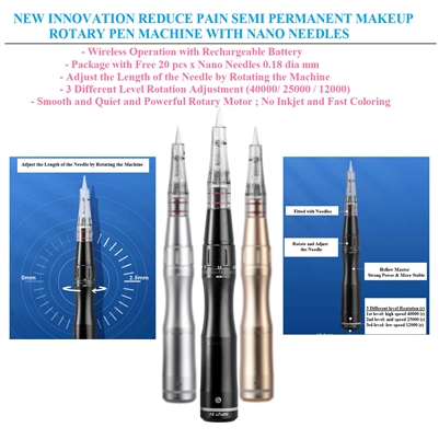 1 package x New Innovation Reduce Pain Semi Permanent Makeup Rotary Pen Machine with Free 20 pcs x Nano Needles Kit (Black Color Pen)