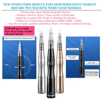 1 package x New Innovation Reduce Pain Semi Permanent Makeup Rotary Pen Machine with Free 20 pcs x Nano Needles Kit (Gold Color Pen)