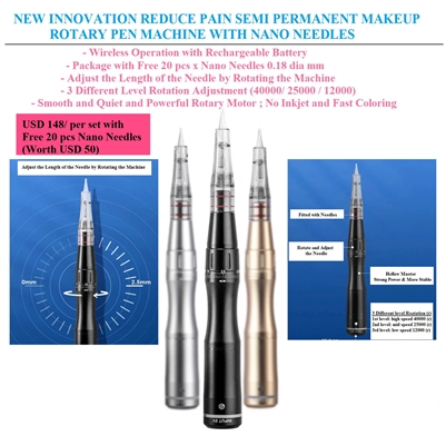 1 package x New Innovation Reduce Pain Semi Permanent Makeup Rotary Pen Machine with Free 20 pcs x Nano Needles Kit (Silver Color Pen)