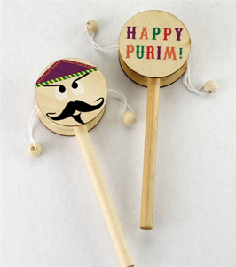 Haman Wooden Drum Gragger with Happy Purim on the other side!