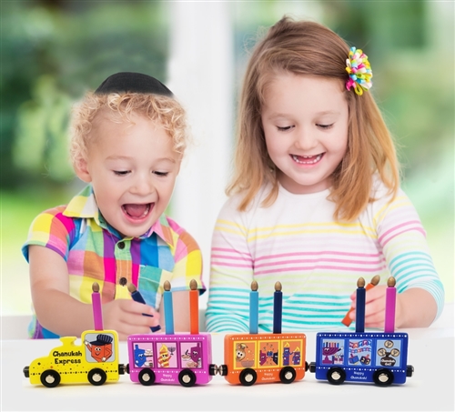 Brightly Colored Wood Play Train Menorah with 4 Cars and 9 Candles