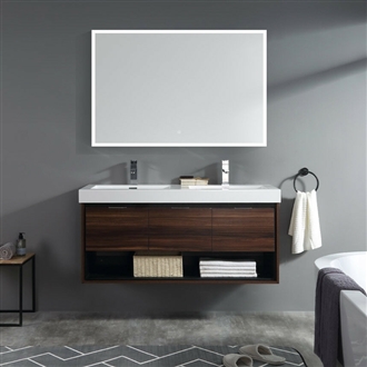 Hotel Modern Walnut Wall-Mount 48" Double with LED Mirror Bathroom Sink