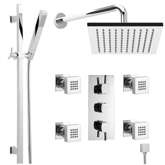 Hospitality Chrome Finish Square Hotel Shower Head System With 4 Body Massage Hotel Shower Jets