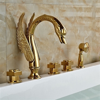 Amancio Gold Finish Round Handles Bathroom Tub Faucet With Hand Shower
