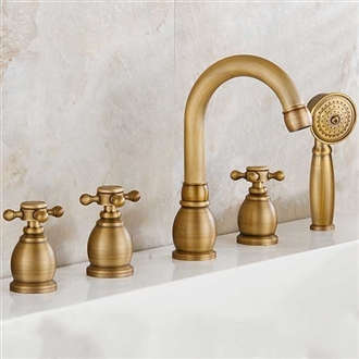 Reno 5pcs  Hotel Bathtub Faucet in Antique Brass Deck Mount Bath Mixer Tap with Hand Shower