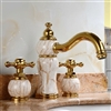 Leo Luxury Natural Jade Gold Finish Basin Faucet Dual Handles Mixer Tap Centerset