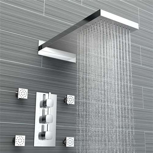 22" LED Color Change Thermostatic Waterfall Rain Shower Head with Massage Body Sprays and Hand Shower