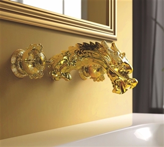 Umbria Wall Mount Widespread Sink Faucet Dragon Gold Finish Dual Handles