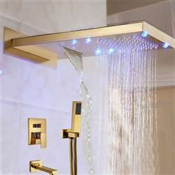 LED Colors Waterfall Rain Gold Tone Finish Shower Set