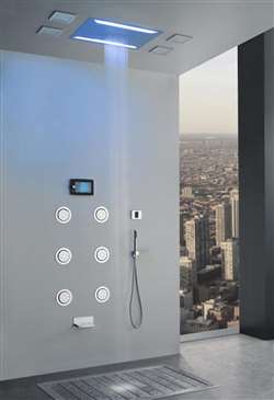 Super Luxury Recessed LED Large Waterfall Rainfall Shower System with 6 Body Jets Hand Shower