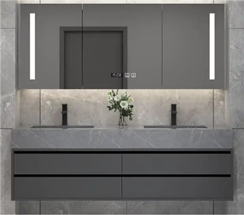 Fontana Sintered Stone Countertop Double Sink Ceramic Basin With Time Display LED Mirror Cabinet