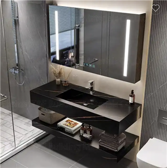 Fontana Luxury Slate Slab Bathroom Sink Vanity Mirror Storage in Marble Black with LED Light