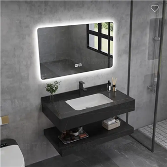 Fontana Smart LED Mirror Bathroom Vanity Sintered Stone Basin Storage Cabinet in Marble Black