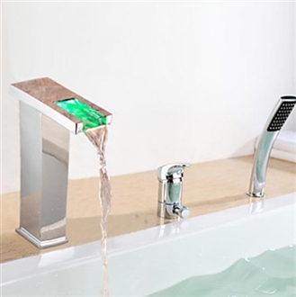 Contemp LED Chrome Finish Bathroom Waterfall Bath-Tub Faucet Deck Mount Handheld Shower