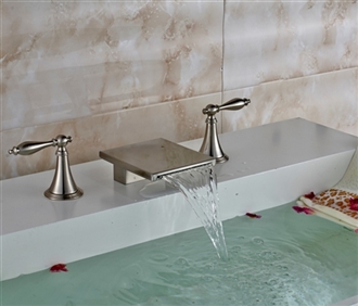 Long Dual Handle Deck Mount Brushed Nickel Waterfall Bathroom Bathtub Brass Sink Faucet
