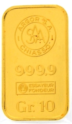 Argor S.A Chiasso 10 Grams 24 Carat Gold Bullion Bar 999.9 Pure Gold