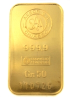 Argor S.A Chiasso 50 Grams Minted 24 Carat Gold Bullion Bar 999.9 Pure Gold