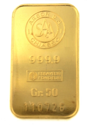 Argor S.A Chiasso 50 Grams Minted 24 Carat Gold Bullion Bar 999.9 Pure Gold
