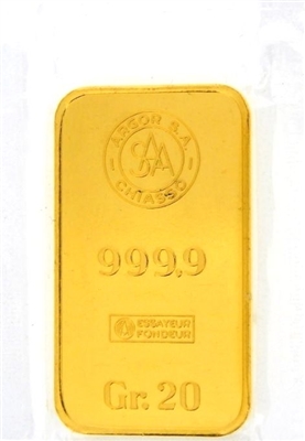 Argor S.A Chiasso 20 Grams 24 Carat Gold Bullion Bar 999.9 Pure Gold