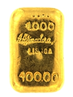 A. Afinadora Portugal 100 Grams Cast 24 Carat Gold Bullion Bar 999.9/1000 Pure Gold