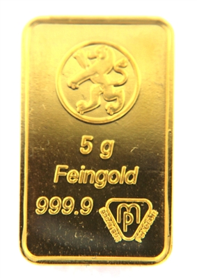 Bank Leu, Zurich 5 Grams Minted 24 Carat Gold Bullion Bar 999.9 Pure Gold