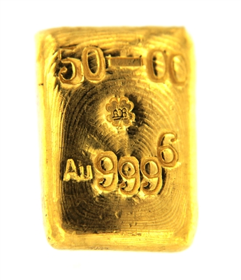 P.C. Boschmans 50 Grams Cast 24 Carat Gold Bullion Bar 999.6 Pure Gold