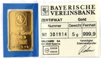 Bayerische Vereinsbank 5 Grams Minted 24 Carat Gold Bullion Bar 999.9 Pure Gold in Assay Certificate Holder
