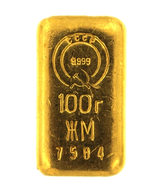 State Refineries - CCCP 100 Grams Cast 24 Carat Gold Bullion Bar 999.9 Pure Gold