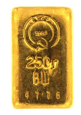 State Refineries - CCCP 250 Grams Cast 24 Carat Gold Bullion Bar 999.9 Pure Gold