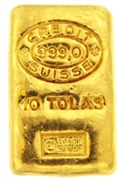 Credit Suisse 10 Tolas (116.6 Gr.) Cast 24 Carat Gold Bullion Bar 999.0 Pure Gold