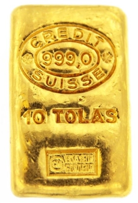 Credit Suisse 10 Tolas (116.6 Gr.) Cast 24 Carat Gold Bullion Bar 999.0 Pure Gold