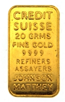 Credit Suisse & Johnson Matthey 20 Grams Minted 24 Carat Gold Bullion Bar 999.9 Pure Gold