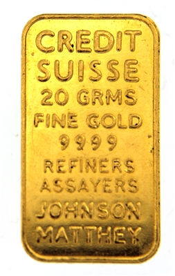 Credit Suisse & Johnson Matthey 20 Grams Minted 24 Carat Gold Bullion Bar 999.9 Pure Gold