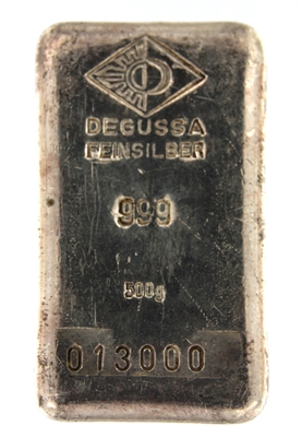 Degussa 500 Grams Cast 24 Carat Silver Bullion Bar 999 Pure Silver