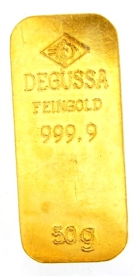Degussa 50 Grams 24 Carat Gold Bullion Bar 999.9 Pure Gold