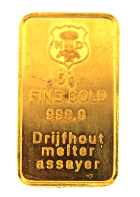 Drijfhout Amsterdam 5 Grams Minted 24 Carat Gold Bullion Bar 999.9 Pure Gold
