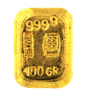 Etma 100 Grams Cast 24 Carat Gold Bullion Bar 999.9 Pure Gold