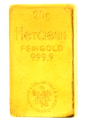 Heraeus Edelmetalle GmBh 20 Grams 24 Carat Gold Bullion Bar 999.9 Pure Gold