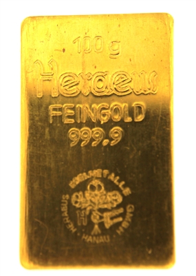 Heraeus Edelmetalle GmBh 100 Grams 24 Carat Gold Bullion Bar 999.9 Pure Gold