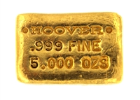 Hoover & Strong 5 Ounces Cast 24 Carat Gold Bullion Bar 999 Pure Gold