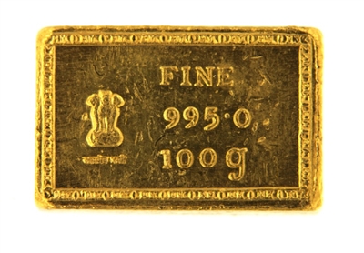 India Government Mint - Bombay Mint 100 Grams Cast 24 Carat Gold Bullion Bar 995.0 Pure Gold