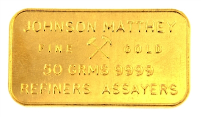 Johnson Matthey 50 Grams 24 Carat Gold Bullion Bar 999.9 Pure Gold