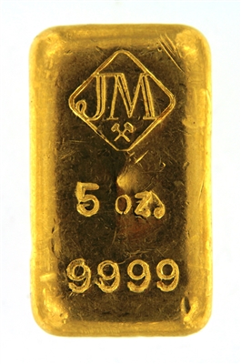 Johnson Matthey 5 Ounces Cast 24 Carat Gold Bullion Bar 999.9 Pure Gold