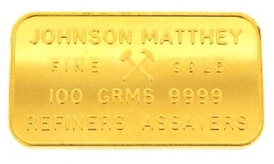 Johnson Matthey 100 grams 24 Carat Gold Bullion Bar 999.9 Pure Gold